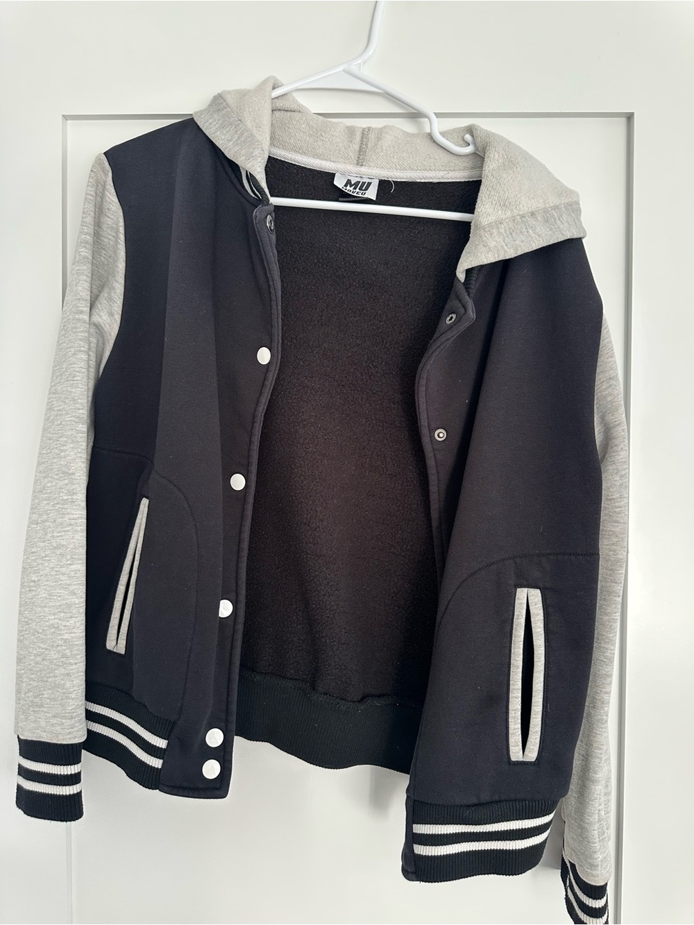 Black & Light Gray Hooded Varsity Jacket